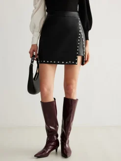 Slit Studded Faux Leather Mini Skirt