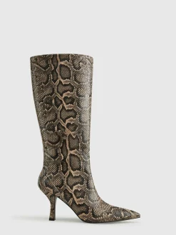 Snakeskin Print Knee-High Boots