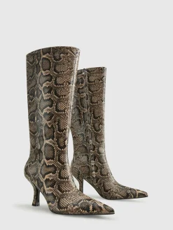 Snakeskin Print Knee-High Boots