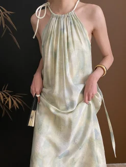 Soft Pastel Print Halter Belted Midi Dress