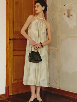 Soft Pastel Print Halter Belted Midi Dress