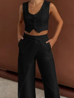 Solid  Asymmetrical Straight Leg Pants Set