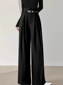 Solid Belted Pleated Wide Leg Pants