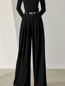 Solid Belted Pleated Wide Leg Pants