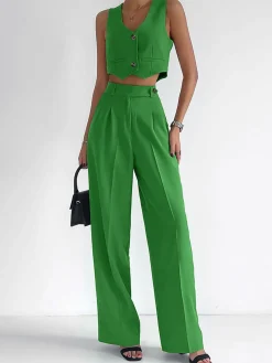 Solid Button Front Waistcoat With Pants Set
