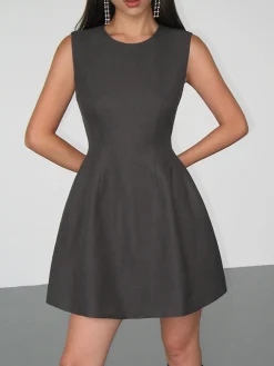 Solid Crew Neck Sleeveless Mini Dress