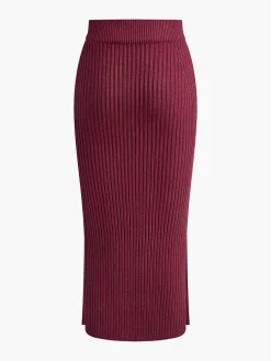 Solid High Neck Split Ribbed Knit Two Pieces Skirt Set