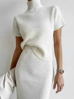 Solid High Neck Split Ribbed Knit Two Pieces Skirt Set
