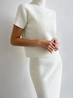 Solid High Neck Split Ribbed Knit Two Pieces Skirt Set