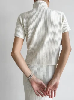 Solid High Neck Split Ribbed Knit Two Pieces Skirt Set