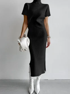 Solid High Neck Split Ribbed Knit Two Pieces Skirt Set