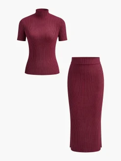 Solid High Neck Split Ribbed Knit Two Pieces Skirt Set