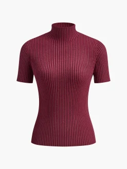 Solid High Neck Split Ribbed Knit Two Pieces Skirt Set