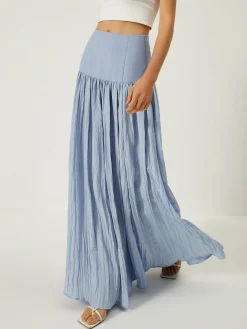 Solid High-Waisted Ruffle Pleated Maxi Skirt