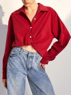 Solid Lapel Button Draped Shirt