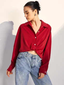 Solid Lapel Button Draped Shirt