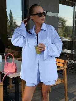 Solid Lapel Pocket Loose Shorts Set