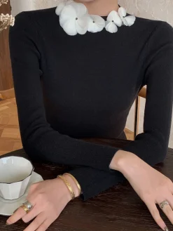 Solid Long Sleeve Floral Knit Top