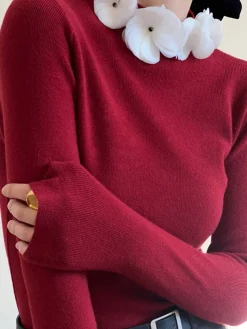 Solid Long Sleeve Floral Knit Top