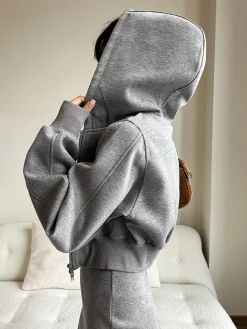Solid Long Sleeve Zip Crop Hoodie