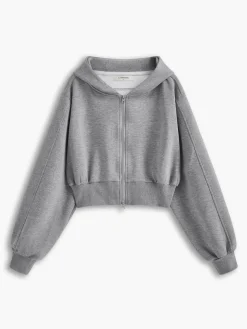Solid Long Sleeve Zip Crop Hoodie