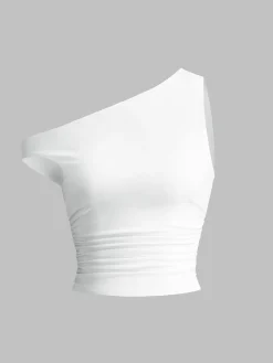 Solid One-Shoulder Sleeveless Short Top
