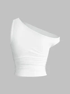 Solid One-Shoulder Sleeveless Short Top
