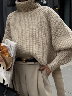 Solid Oversized Ribbed Knit High Neck Sweater