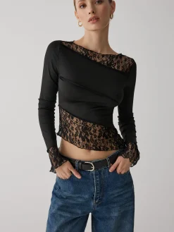 Solid Patchwork Lace Long Sleeve Top