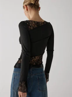 Solid Patchwork Lace Long Sleeve Top