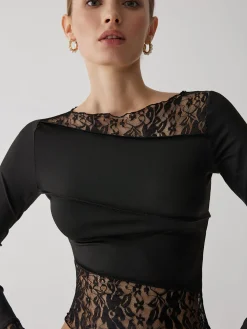 Solid Patchwork Lace Long Sleeve Top