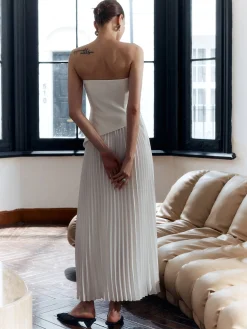 Solid Pleated Strapless Split Dress