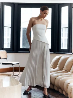 Solid Pleated Strapless Split Dress