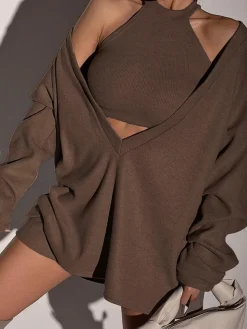Solid Ribbed Knit Sweatshirt with Vest