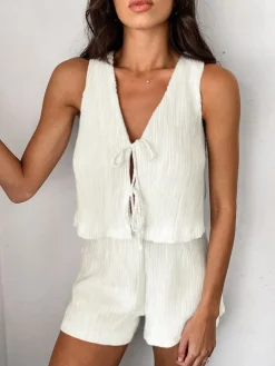 Solid Tie Front Vest With Shorts Set
