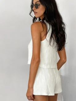 Solid Tie Front Vest With Shorts Set