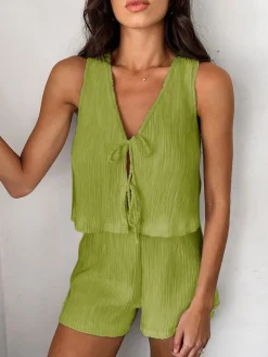 Solid Tie Front Vest With Shorts Set