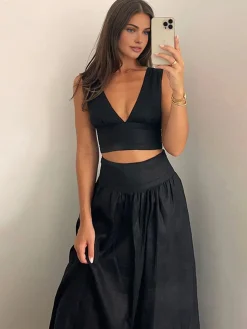 Solid Tie Knot V Neck Skirt Set