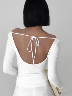 Solid Tied Open Back Long Sleeve Slinky Top