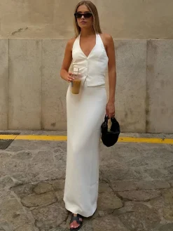 Solid V-Neck Backless Tie Up Halter & Split Maxi Skirt Set