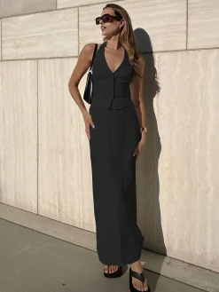 Solid V-Neck Backless Tie Up Halter & Split Maxi Skirt Set