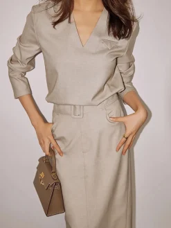 Solid V-neck Belted Two Piece Skirt Set