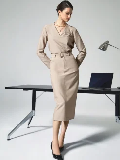 Solid V-neck Belted Two Piece Skirt Set