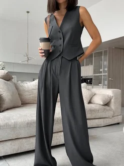 Solid V-Neck Waistcoat With Wide Leg Pants Set