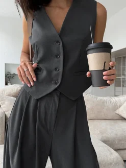 Solid V-Neck Waistcoat With Wide Leg Pants Set