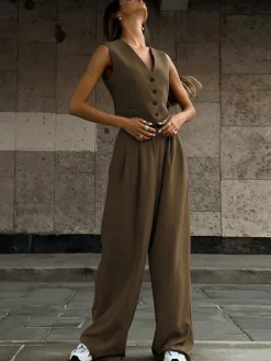 Solid V-Neck Waistcoat With Wide Leg Pants Set