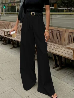 Solid Wide Leg Pants Without Belt