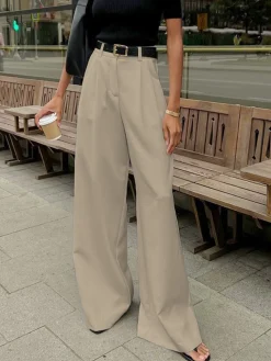 Solid Wide Leg Pants Without Belt