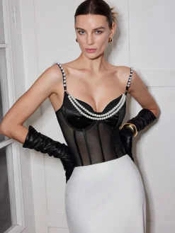 Spaghetti Strap Pearl Decor Mesh Bodysuit