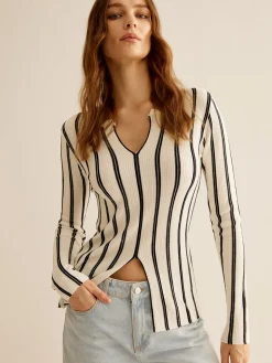 Split Pinstripe Slim Knit Top